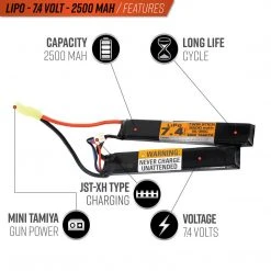 Valken Lipo 7.4v 2500mAh 15/25C Split (Small Tamiya) Batteries